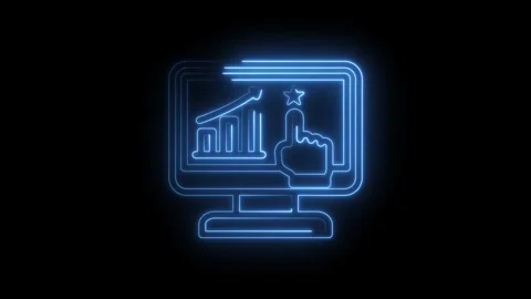 Glowing blue neon outline of a computer screen displaying a bar graph with an 스톡 동영상 333959731