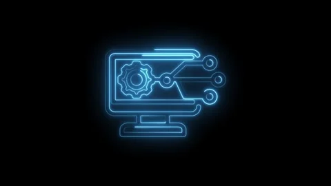 Glowing blue neon outline of a computer monitor displaying a gear and circuit Stock Footage 333966890