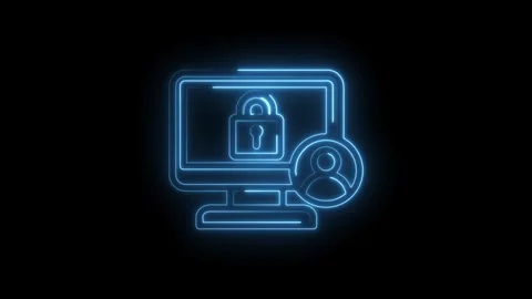 Glowing blue neon outline computer screen displaying a locked padlock icon next Stock Footage 333967028