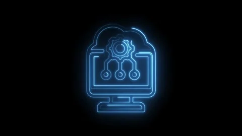 Glowing blue neon outline of a computer monitor with a cloud icon and gear .. Stock Footage 346122760