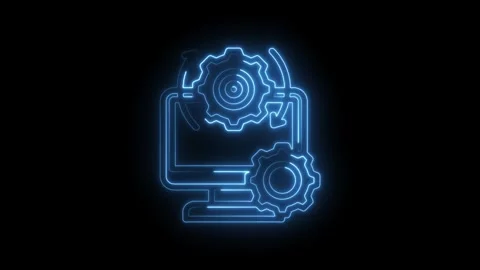 Glowing blue neon outline of a computer monitor with rotating gears and arr.. Stock Footage 346123750
