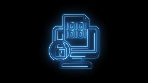 Glowing blue neon outline of computer screen displaying binary code and pad.. Stock Footage 346139758