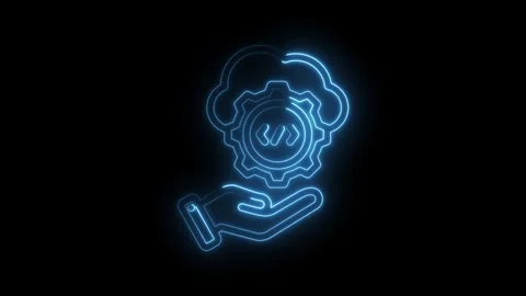 Glowing blue neon outline of a hand holding a gear with code symbols inside.. Stock-Footage 346014205