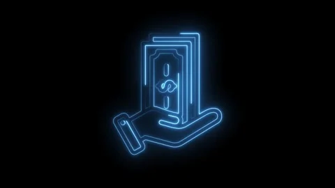 Glowing blue neon outline of a hand holding a stack of banknotes with dolla.. Stock Footage 346128221