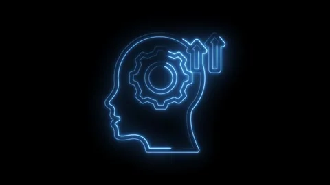 Glowing blue neon outline of human head profile with internal gear mechanism and Stock Footage 333970193
