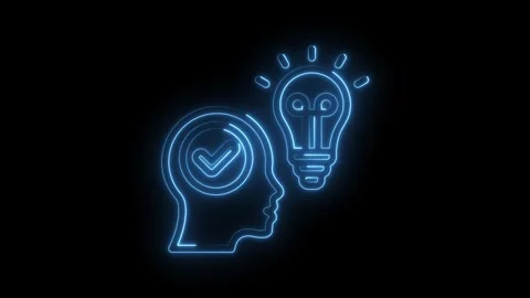 Glowing blue neon outline of a human head profile with a checkmark inside a.. Stock Footage 346013648