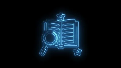 Glowing blue neon outline of an open book with a magnifying glass and stars on a Stock Footage 333955923