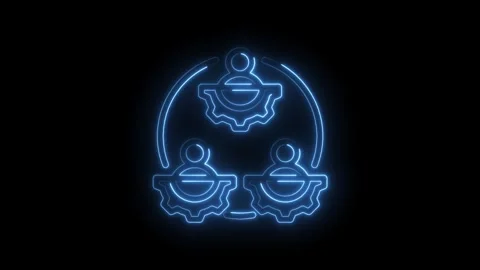 Glowing blue neon outline of three interconnected figures with gears symbolizing Stock Footage 333962055