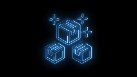 Glowing blue neon outline of three stacked delivery boxes with sparkling light Stock Footage 333968995
