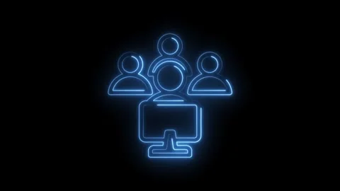 Glowing blue neon outline of three people icons with a computer monitor sym.. Stock Footage 346140284