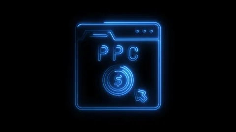 Glowing blue neon P C icon with dollar coin and cursor on black background .. Stockbeeldmateriaal 314700093