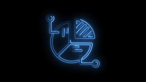 Glowing blue neon pie chart icon with data connections and nodes on black Stock Footage 333957512