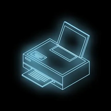 Glowing blue neon printer is printing a document Stockillustratie