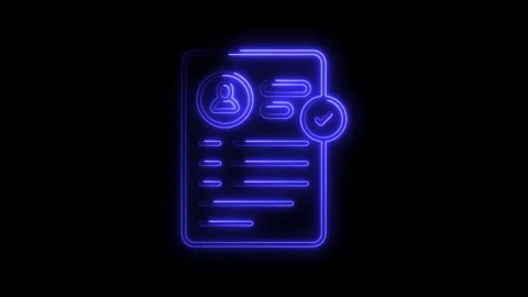 Glowing blue neon profile document with checkmark icon and progress bars on.. Stock Footage 314699971