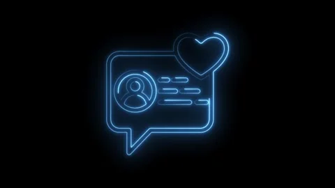 Glowing blue neon profile icon with heart and message bubble on black background Stock Footage 333959914