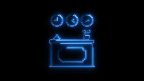 Glowing blue neon reception desk with multiple clocks and potted plant on t.. Stock Footage 314701976
