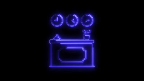 Glowing blue neon reception desk with multiple clocks and potted plant on b.. Stock Footage 314701981