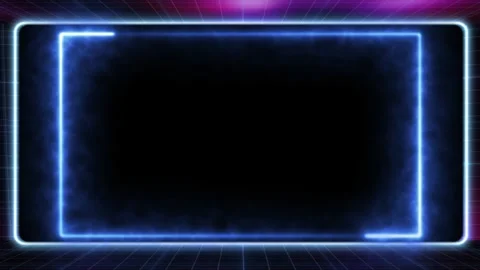 Glowing blue neon rectangular frame over retro digital grid background motion Stock Footage 343805264