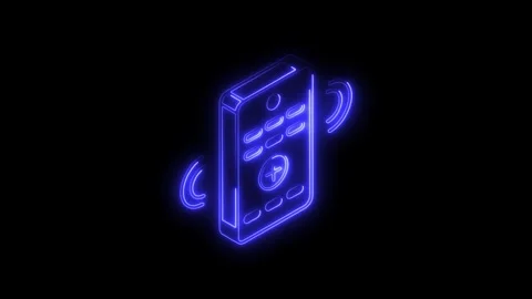 Glowing blue neon remote control icon with radiating waves isolated on blac.. Video stock 314703409