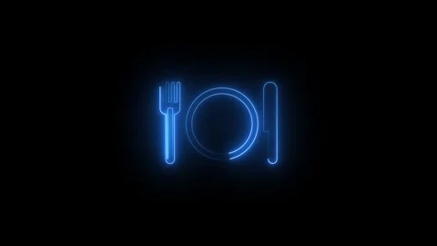 Glowing blue neon restaurant icon with fork plate and knife Stock Footage 345383218