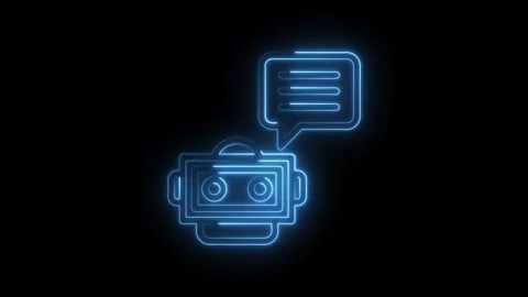 Glowing blue neon robot head icon with speech bubble communication concept Stock Footage 333959196