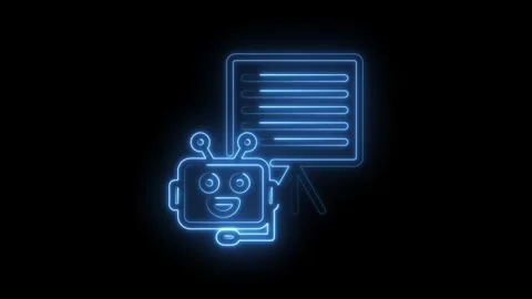 Glowing blue neon robot presenting data on a digital whiteboard A I technology Stock Footage 333952787