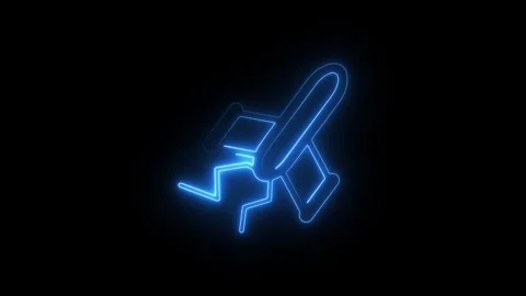 Glowing blue neon rocket ship icon on black background Video stock 345109771