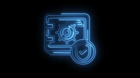 Glowing blue neon safe icon with shield and checkmark symbolizing security data Stock Footage 333969648