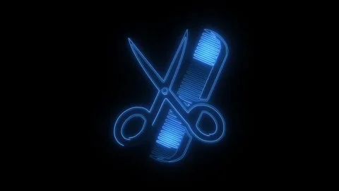 Glowing blue neon scissors and comb icon for hair salon Video stock 346055163