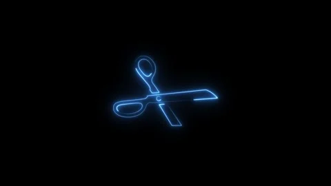 Glowing blue neon scissors cut icon 4k animation on black background Stock Footage 310105767