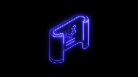 Glowing blue neon scroll with gear symbol and lines representing document o.. Stock Footage 314703866