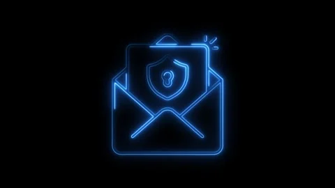 Glowing blue neon secure email envelope icon with shield and key symbol on .. Stock Footage 314701918
