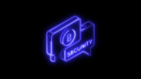 Glowing blue neon security icon with keyhole and speech bubble on black bac.. Video stock 314705744