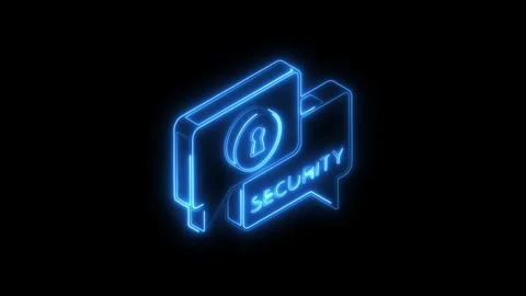 Glowing blue neon security icon with keyhole and speech bubble on black bac.. Video stock 314705762