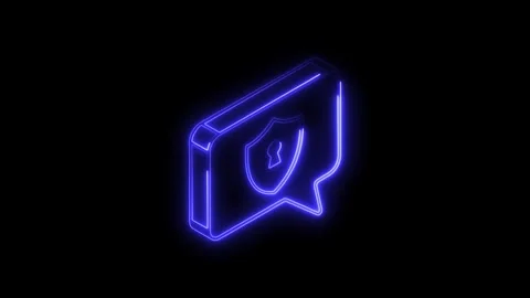 Glowing blue neon security shield icon inside a speech bubble on a black ba.. Stock Footage 314704488