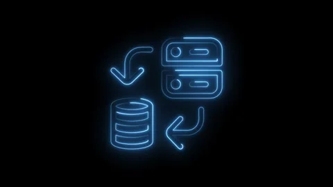Glowing blue neon server database icon with circular arrows indicating data.. Stock Footage 314552621