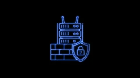 Glowing blue neon server firewall and security shield icon Stock Footage 340473228