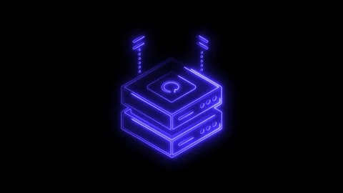 Glowing blue neon server rack icon with refresh symbol and data transfer li.. Stock Footage 314702506