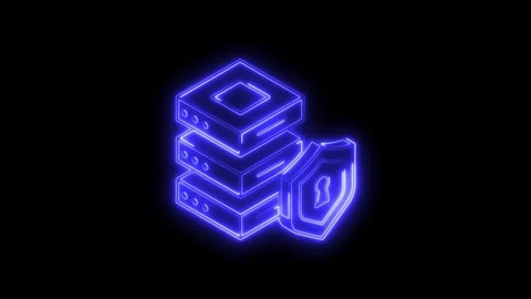 Glowing blue neon server rack icon with shield and keyhole symbolizing data.. Stock Footage 314705845