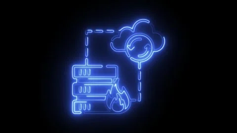 Glowing blue neon server rack icon with cloud sync and fire symbol on black.. Video stock 314712854