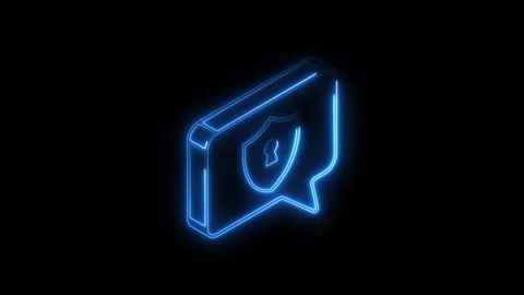 Glowing blue neon shield icon inside speech bubble symbol isolated on black.. Stock Footage 314704497