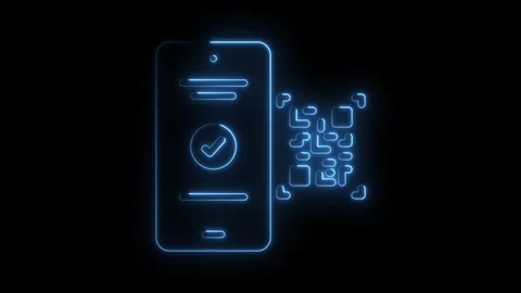 Glowing blue neon smartphone with checkmark and Q R code scanning animation.. Stock Footage 314556996