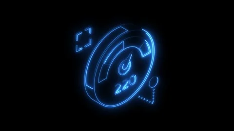 Glowing blue neon speedometer icon with digital interface elements and data.. Stock Footage 314702828