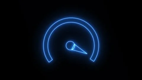 Glowing blue neon speedometer icon on black background Stock Footage 345475524