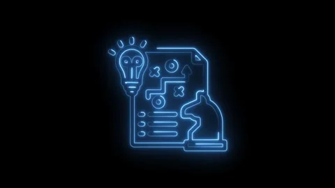 Glowing blue neon strategy plan icon with lightbulb and chess piece on black Stock Footage 333957500