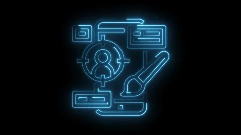 Glowing blue neon target icon with brush and data elements representing cre.. Stock Footage 314557241