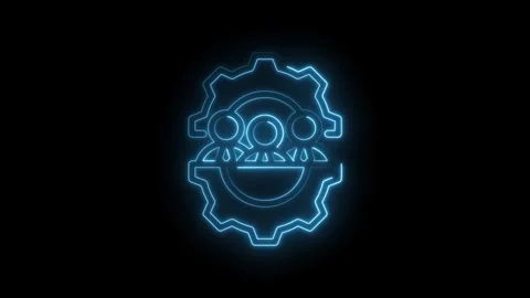 Glowing blue neon team collaboration gear icon animation on black backgroun.. Stock Footage 346112705