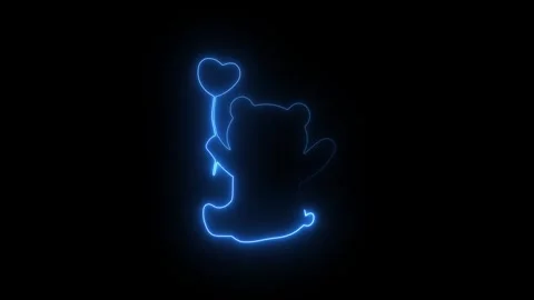 Glowing blue neon teddy bear holding a heart balloon 스톡 동영상 345475530