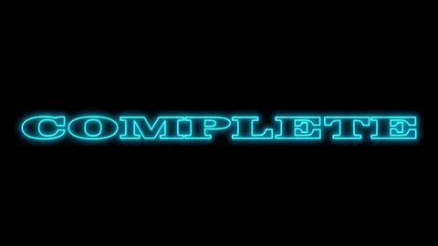 Glowing blue neon text saying COMPLETE on a black background for game UI or.. Illustrazione stock