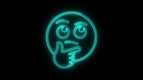 Glowing blue neon thinking face emoji icon symbol on black background Stock Footage 342233938